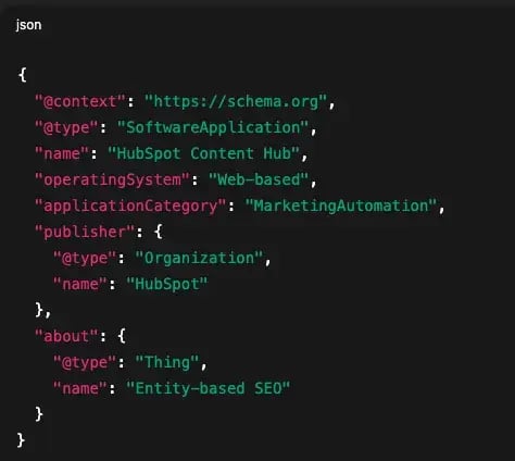json-ld schema example showing how hubspot content hub is defined as an entity within an entity-based seo structure.